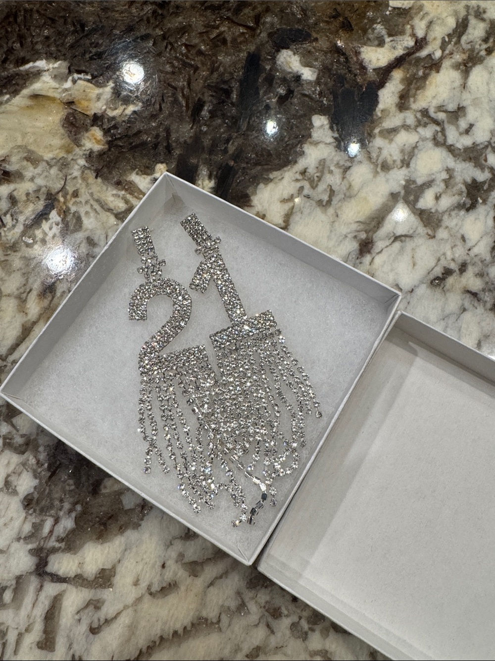Silver Rhinestone '21' Fringe Statement Earrings